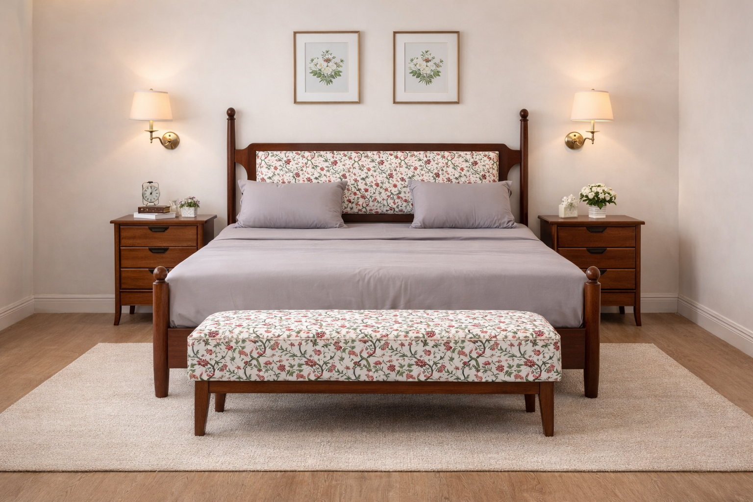 Room setup with bench & ottomans