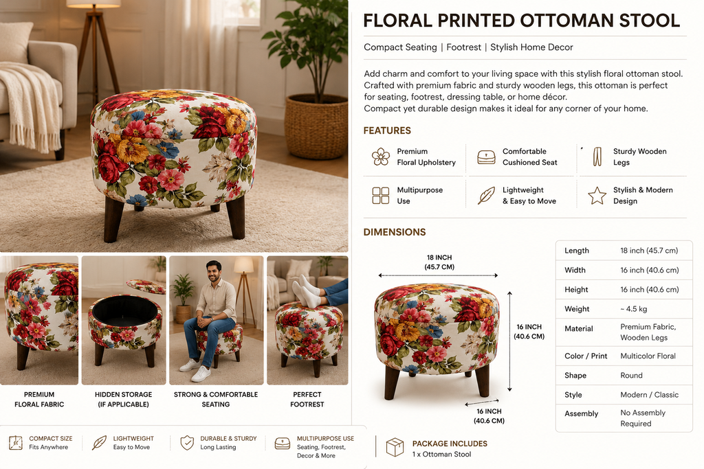 Floral Storage Ottoman Stool with Hidden Storage Seat