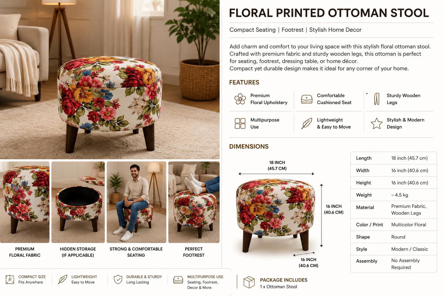 Floral Storage Ottoman Stool with Hidden Storage Seat