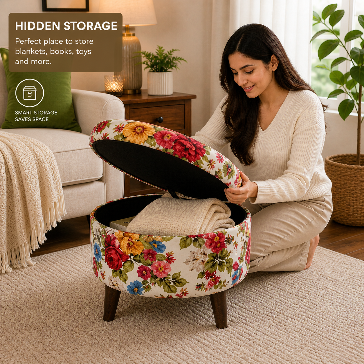 Floral Storage Ottoman Stool with Hidden Storage Seat