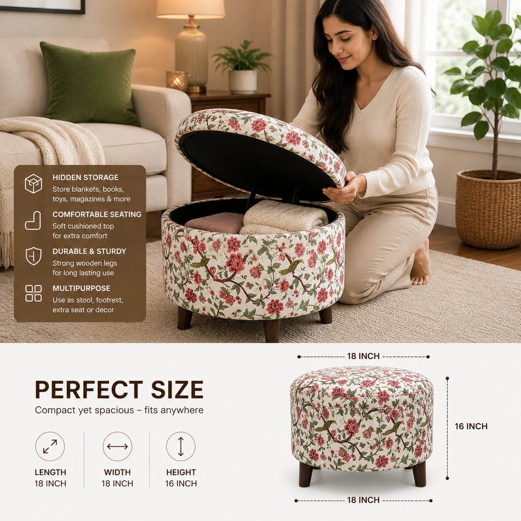 Floral Printed Storage Ottoman Stool