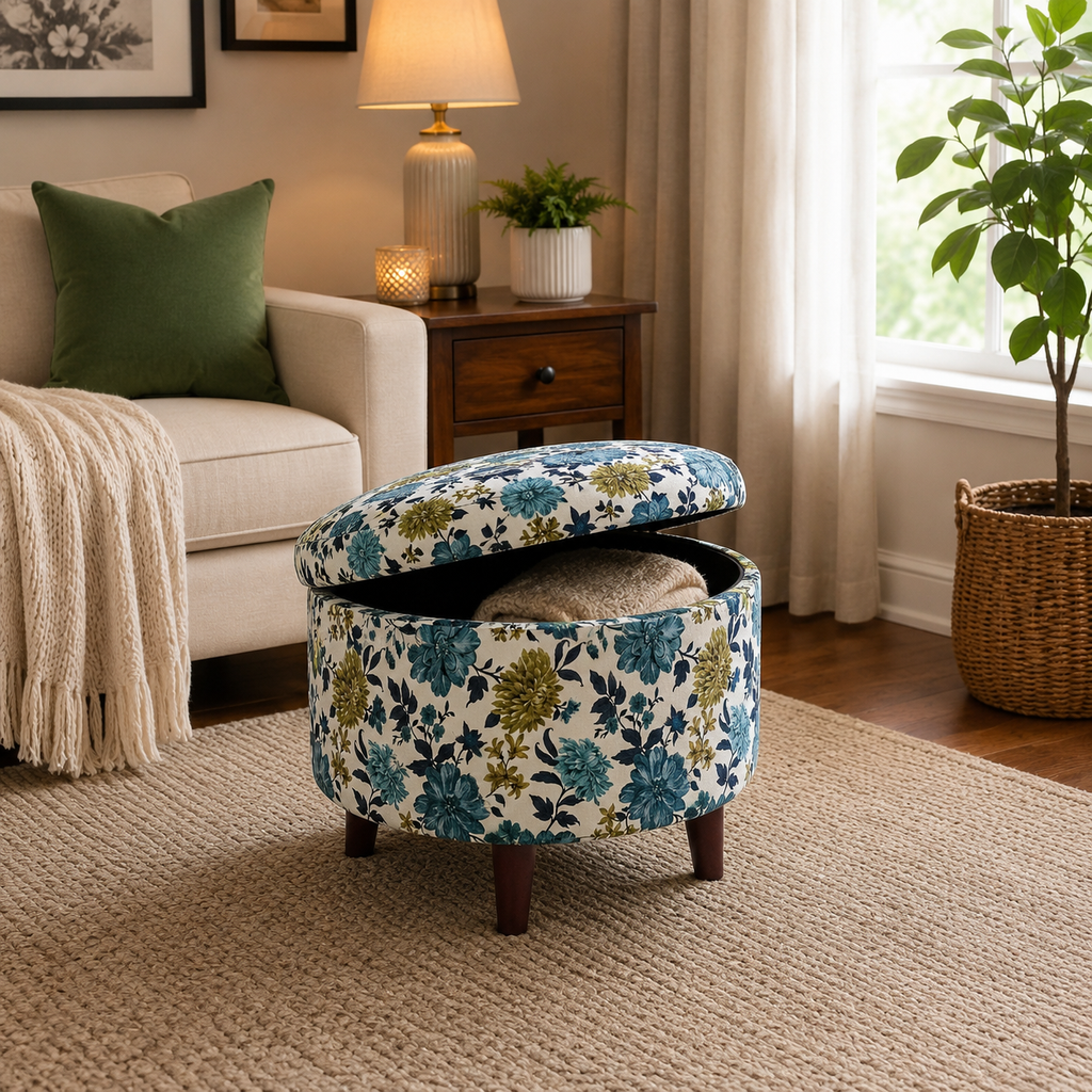 Blue Floral Ottoman Stool