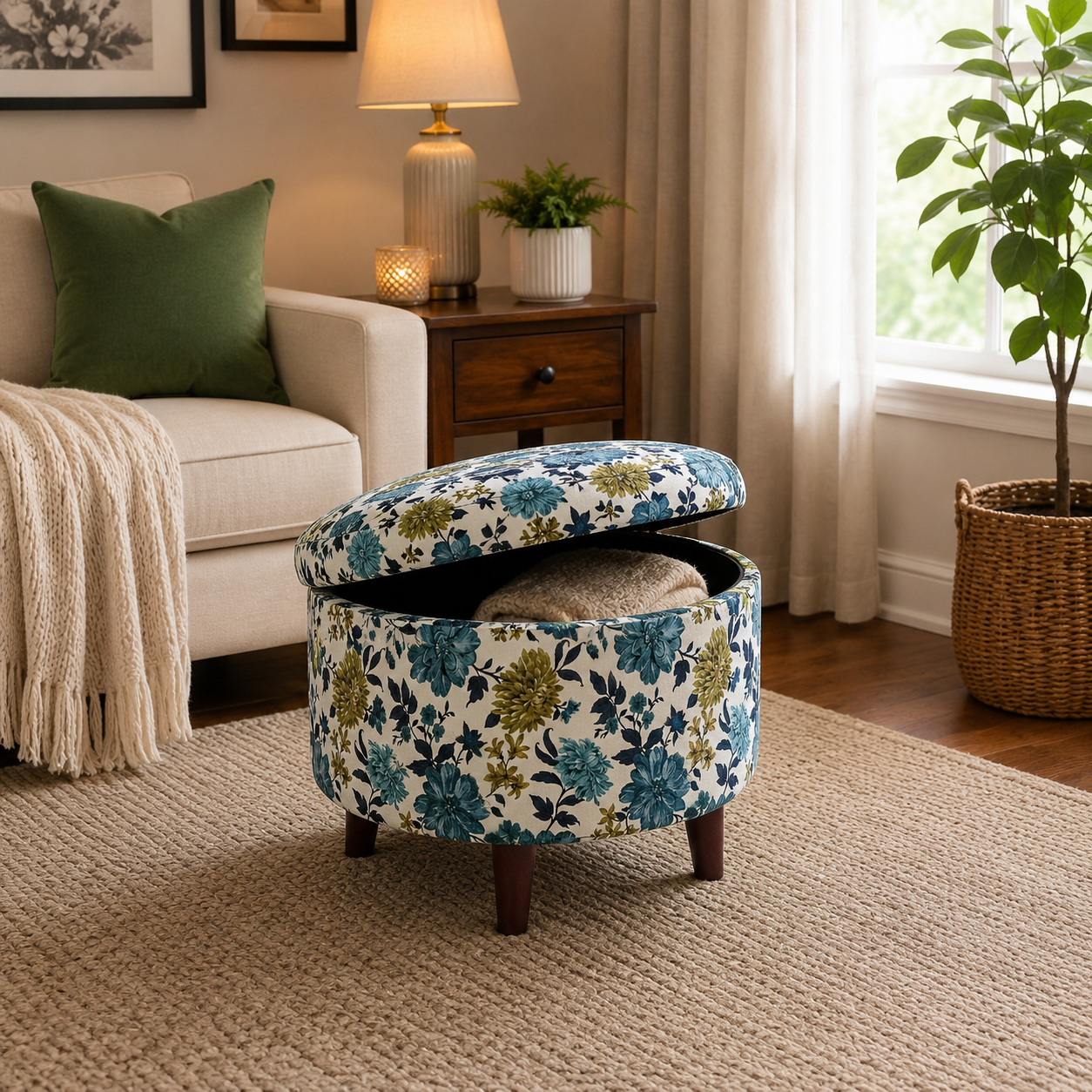 Blue Floral Ottoman Stool