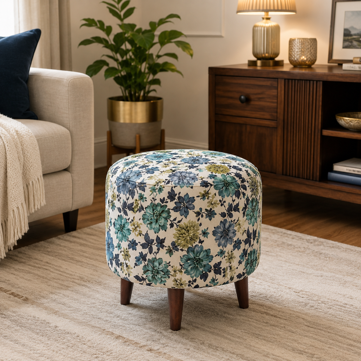 Blue Floral Ottoman Stool