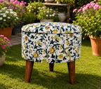 Premium Floral Printed Ottoman Stool with Wooden Legs Seating Stool