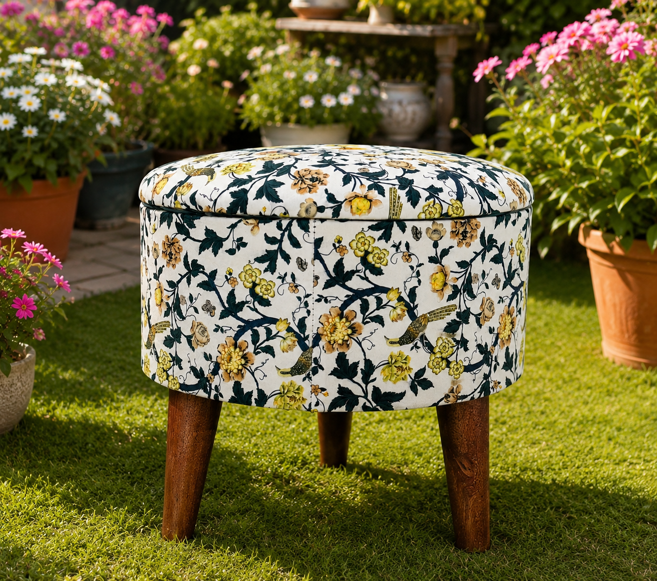 Premium Floral Printed Ottoman Stool with Wooden Legs Seating Stool