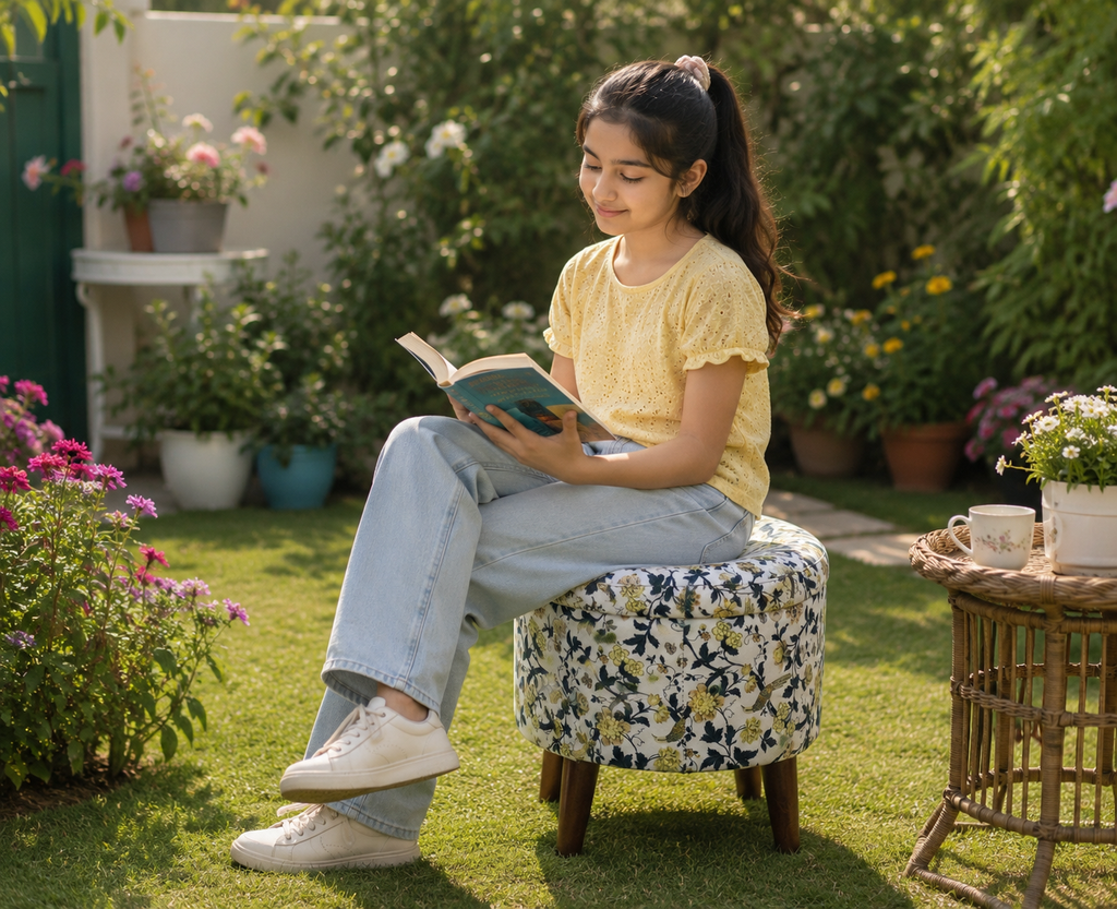 Premium Floral Printed Ottoman Stool with Wooden Legs Seating Stool